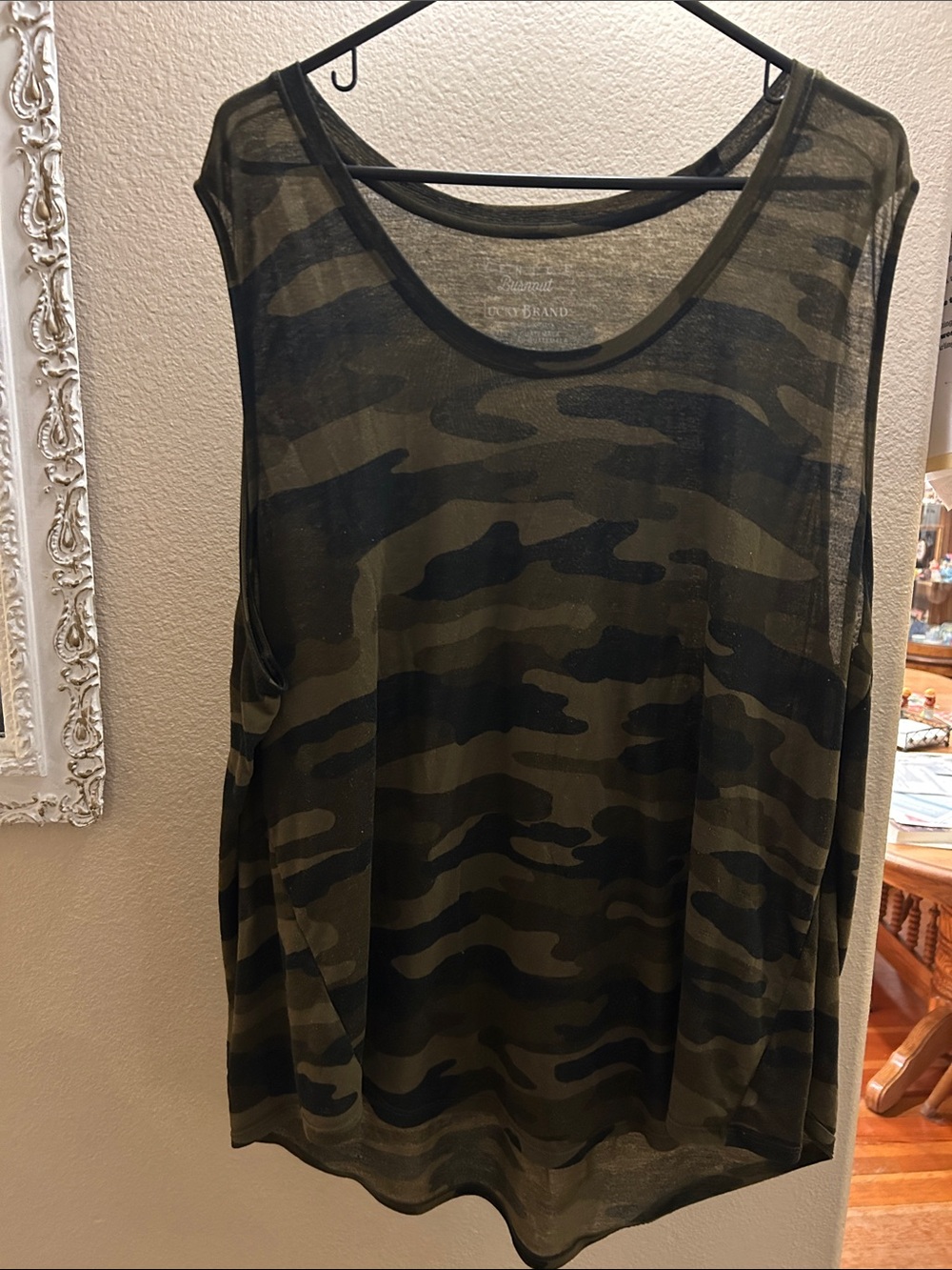 Lucky Brand Venice Burnout Olive & Black Camo Scoop Neck Tank